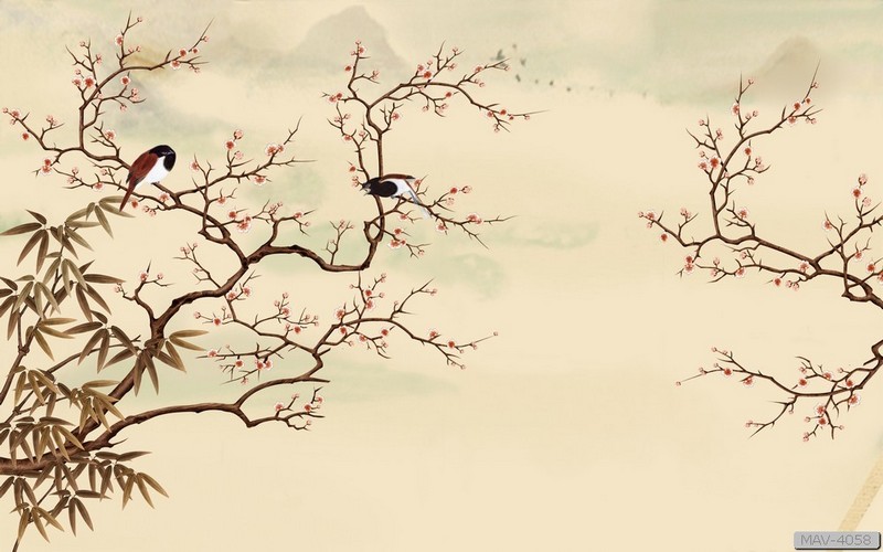 Cây hoa hồng leo và chim én phong cách tối giản MAV-4058